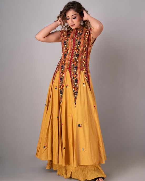 Mustard Anarkali paired with flared palazzo (REM1010)