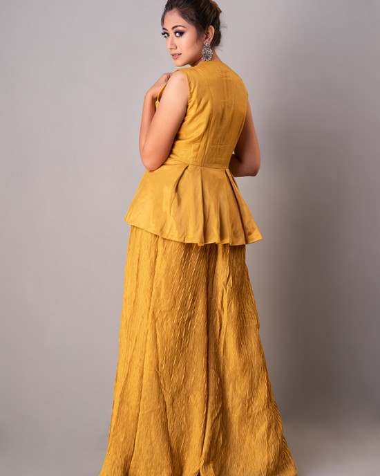 Mustard Short jacket paired with peplum inner & flared palazzo (REM1011) Mustard Short jacket paired with peplum inner & flared palazzo (REM1011)
