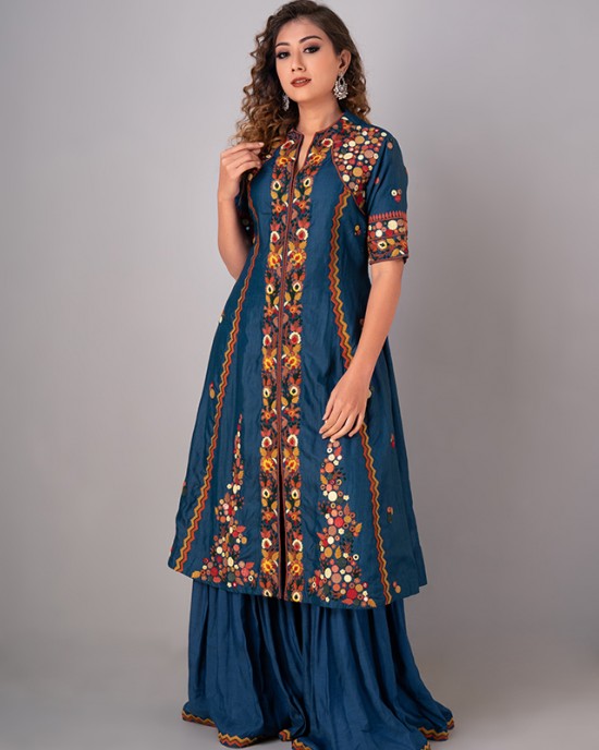 Prussian Blue A-line kurta & Garara set (REM1003)
