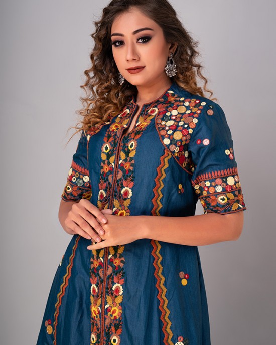 Prussian Blue A-line kurta & Garara set (REM1003)