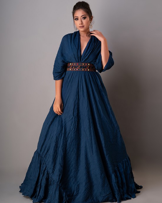 Prussian Blue Drape Gown paired with the Belt(REM1004)