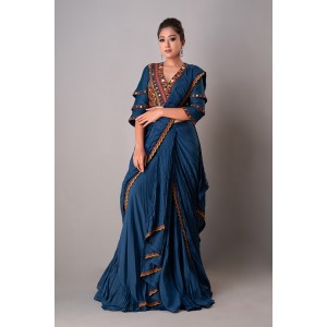 Prussian Blue Drape saree, Blouse paired with the Belt (REM1009)
