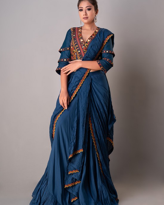 Prussian Blue Drape saree, Blouse paired with the Belt (REM1009)