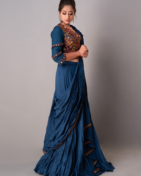 Prussian Blue Drape saree, Blouse paired with the Belt (REM1009)