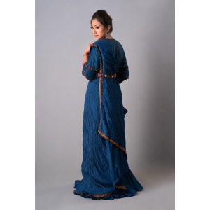 Prussian Blue Drape saree, Blouse paired with the Belt (REM1009)