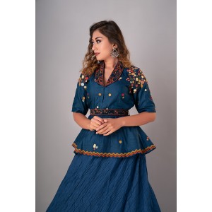 Prussian Blue Peplum Top paired with textured skirt & Belt (REM1001)