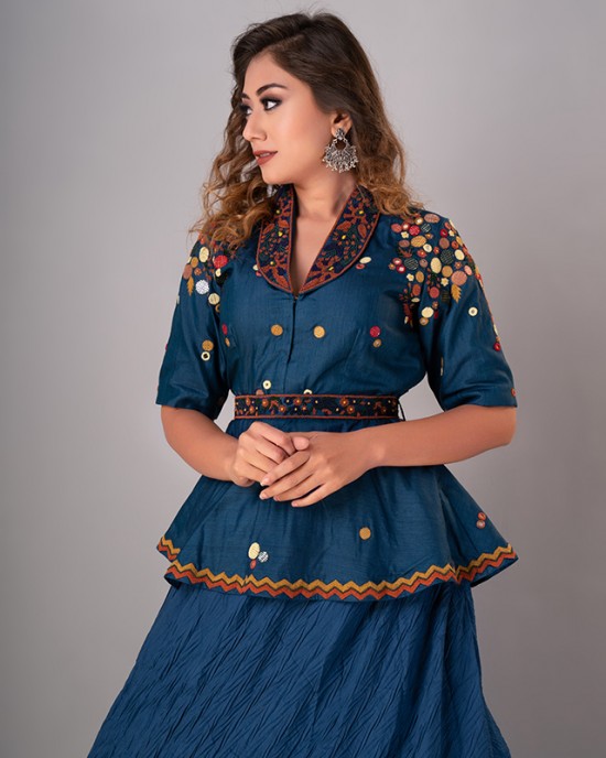 Prussian Blue Peplum Top paired with textured skirt & Belt (REM1001)