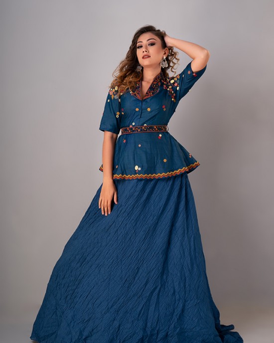 Prussian Blue Peplum Top paired with textured skirt & Belt (REM1001)