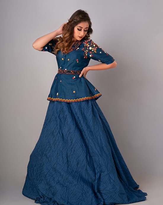 Prussian Blue Peplum Top paired with textured skirt & Belt (REM1001)