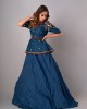 Prussian Blue Peplum Top paired with textured skirt & Belt (REM1001)