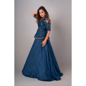 Prussian Blue Peplum Top paired with textured skirt & Belt (REM1001)