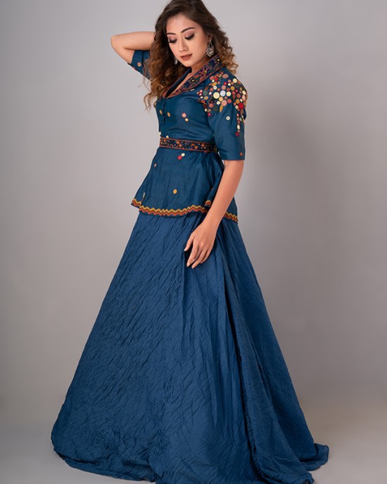 Prussian Blue Peplum Top paired with textured skirt & Belt (REM1001)