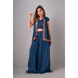 Prussian Blue Sleeveless jacket paired with an inner & palazzo(REM1002)