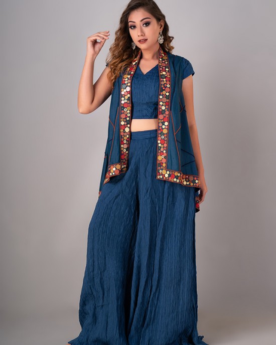 Prussian Blue Sleeveless jacket paired with an inner & palazzo(REM1002) Prussian Blue Sleeveless jacket paired with an inner & palazzo(REM1002)