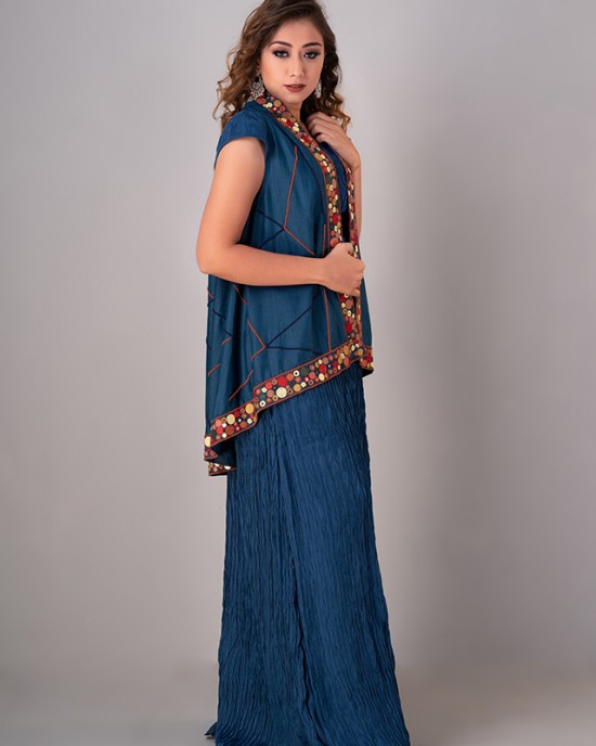 Prussian Blue Sleeveless jacket paired with an inner & palazzo(REM1002) Prussian Blue Sleeveless jacket paired with an inner & palazzo(REM1002)