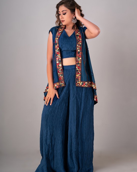 Prussian Blue Sleeveless jacket paired with an inner & palazzo(REM1002) Prussian Blue Sleeveless jacket paired with an inner & palazzo(REM1002)