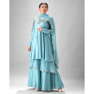 Light Blue Short Anarkali Kurta with Double Flair Pallazzo & Dupatta (SB1003)