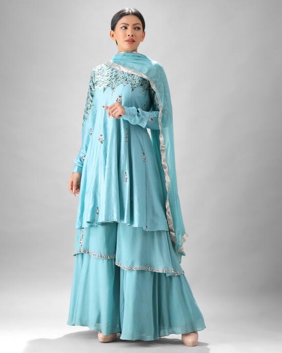 Light Blue Short Anarkali Kurta with Double Flair Pallazzo & Dupatta (SB1003)