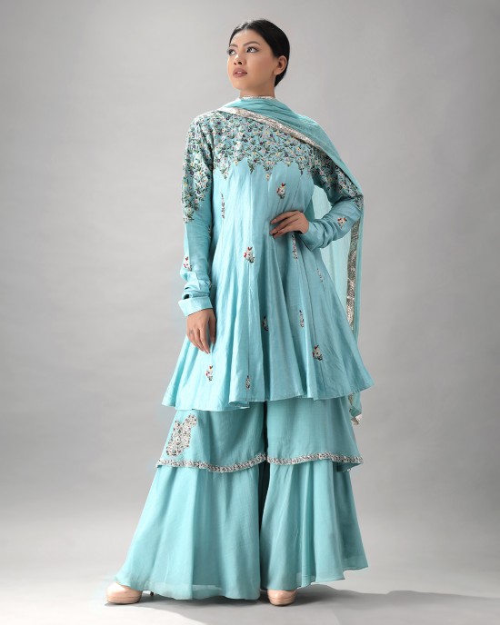 Light Blue Short Anarkali Kurta with Double Flair Pallazzo & Dupatta (SB1003)