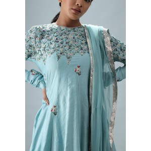 Light Blue Short Anarkali Kurta with Double Flair Pallazzo & Dupatta (SB1003)