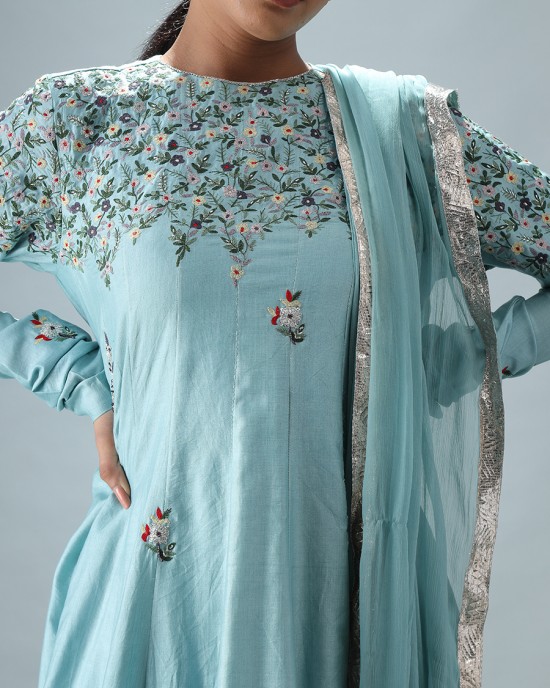 Light Blue Short Anarkali Kurta with Double Flair Pallazzo & Dupatta (SB1003)