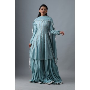 Light Blue Short Anarkali Kurta with Garara & Dupatta (SB1002)