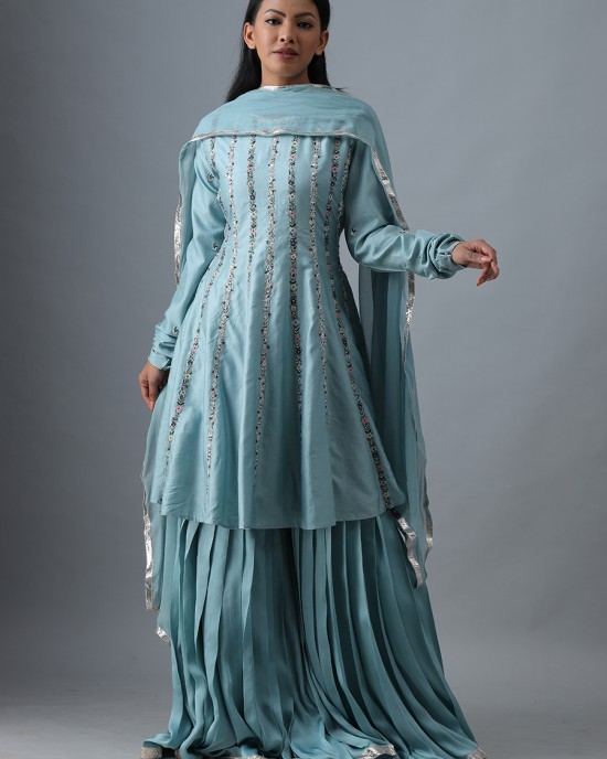 Light Blue Short Anarkali Kurta with Garara & Dupatta (SB1002)