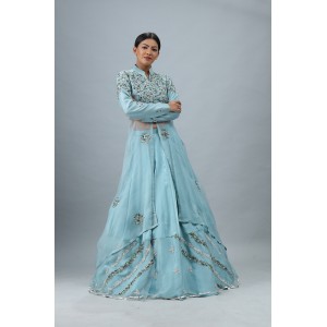 Light Blue Front Slit Long Flair Kurta with Skirt (SB1006)