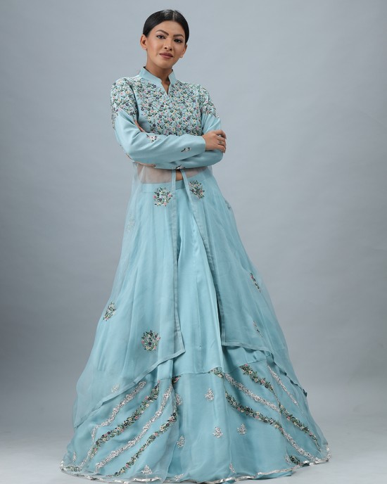 Light Blue Front Slit Long Flair Kurta with Skirt (SB1006)