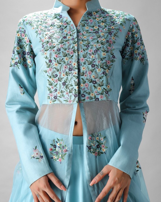 Light Blue Front Slit Long Flair Kurta with Skirt (SB1006)