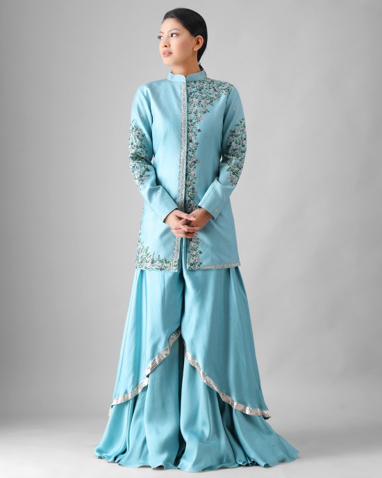 Light Blue Jacket with Double Flair Pallazzo (SB1004)
