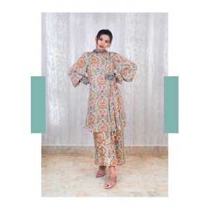 Light Blue A-Line Pleated Kurta with baloon sleeves paired with a tie-up skirt (TZ1001)