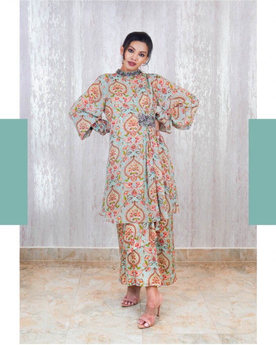 Light Blue A-Line Pleated Kurta with baloon sleeves paired with a tie-up skirt (TZ1001)