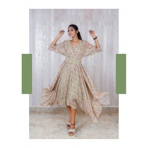 Light Blue One piece Handkerchief frock with dolman sleeves paired with a broad belt at the waist (TZ1004)