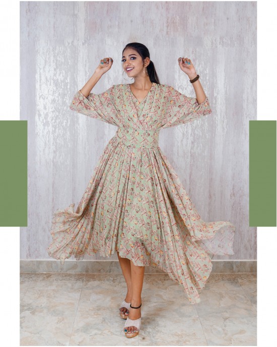 Light Blue One piece Handkerchief frock with dolman sleeves paired with a broad belt at the waist (TZ1004)