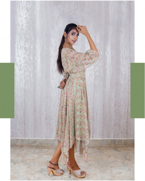 Light Blue One piece Handkerchief frock with dolman sleeves paired with a broad belt at the waist (TZ1004)