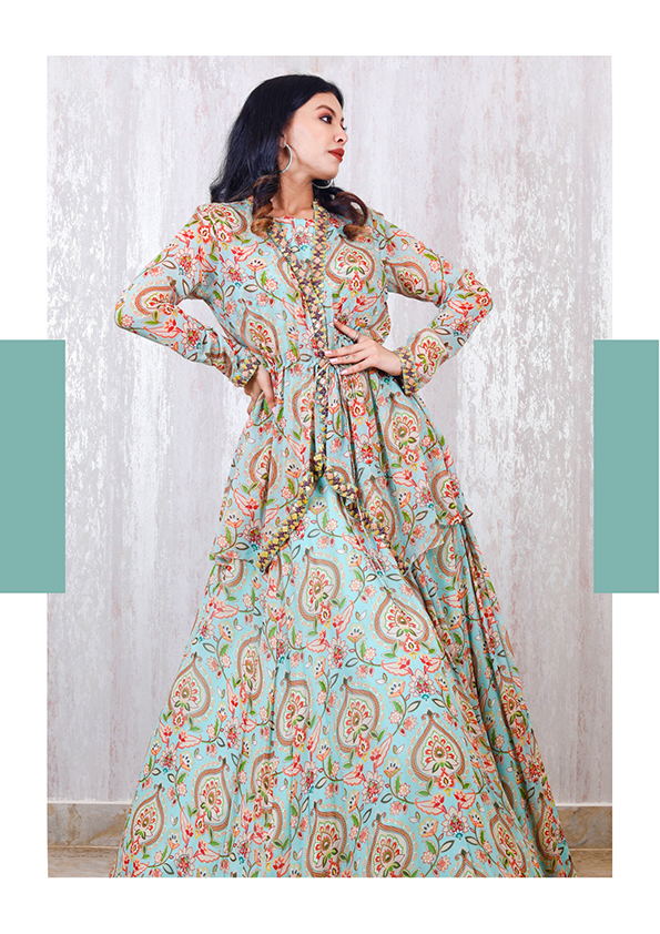 Light Blue Umbrella cut skirt with a crop top and a jacket stringed at the  waist line (TZ1007)