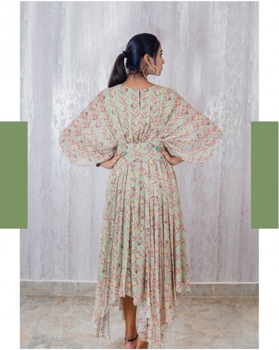 Light Blue One piece Handkerchief frock with dolman sleeves paired with a broad belt at the waist (TZ1004)