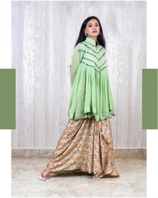 Tie-up Skirt paired with a Mint Green gathered peplum top and has chudidar sleeves(TZ1006)