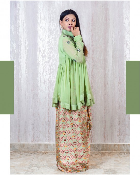 Tie-up Skirt paired with a Mint Green gathered peplum top and has chudidar sleeves(TZ1006)