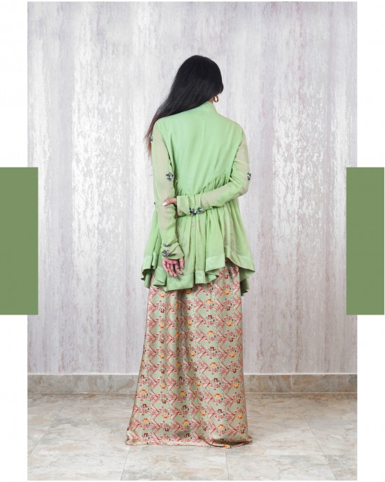 Tie-up Skirt paired with a Mint Green gathered peplum top and has chudidar sleeves(TZ1006)