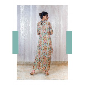 Light Blue A-Line Pleated Kurta with baloon sleeves paired with a tie-up skirt (TZ1001)