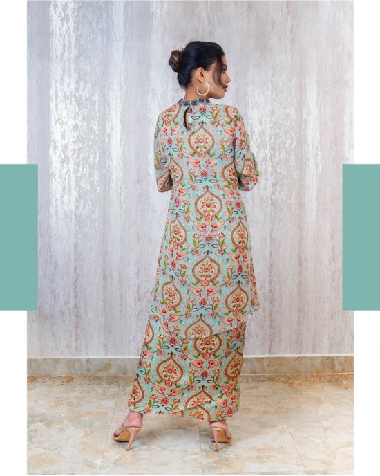 Light Blue A-Line Pleated Kurta with baloon sleeves paired with a tie-up skirt (TZ1001)