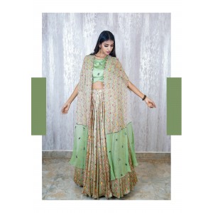 Mint Green Knife pleated skirt with a crop top & Cape (TZ1008)