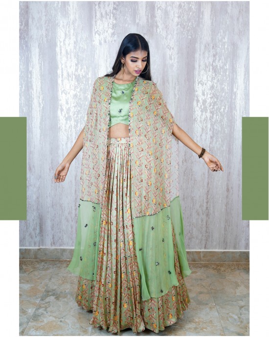 Mint Green Knife pleated skirt with a crop top & Cape (TZ1008)