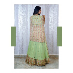 Mint Green Knife pleated skirt with a crop top & Cape (TZ1008)