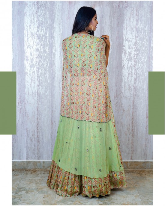 Mint Green Knife pleated skirt with a crop top & Cape (TZ1008)