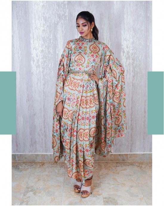 Light Blue One Piece with Pleated Flaired Sleeves (TZ1009)