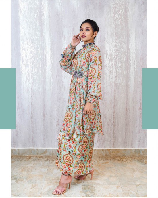 Light Blue A-Line Pleated Kurta with baloon sleeves paired with a tie-up skirt (TZ1001)