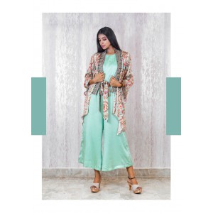 Light Blue Jumpsuit paired with a bell sleeve open jacket and belt (TZ1005)
